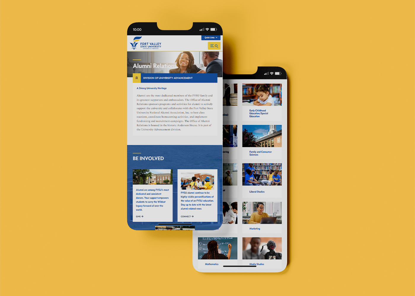 Two iPhones displaying Fort Valley State University website